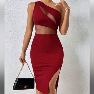 NWOT SHEIN Priv’e Summer One Shoulder Mesh Insert Split Thigh Bodycon Dress